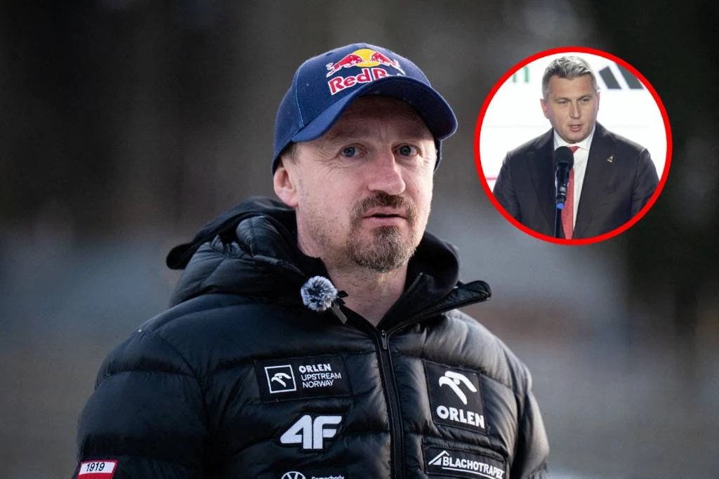 Adam Małysz, w miniaturze Radosław Piesiewicz Adam Małysz w sportowej kurtce i czapce Red Bull; z prawej u góry miniatura Radosława Piesiewicza przy mikrofonie