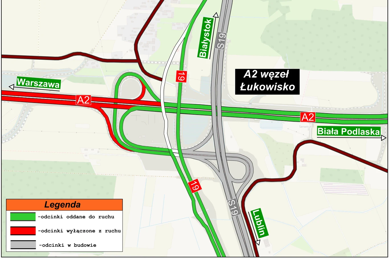Mapa węzła drogowego A2 Łukowisko z oznaczeniem tras oddanych do ruchu na zielono, wyłączonych z ruchu na czerwono oraz będących w budowie na brązowo; wyraźne kierunki do Warszawy, Białej Podlaskiej, Białegostoku i Lublina; legenda w lewym dolnym rogu ...