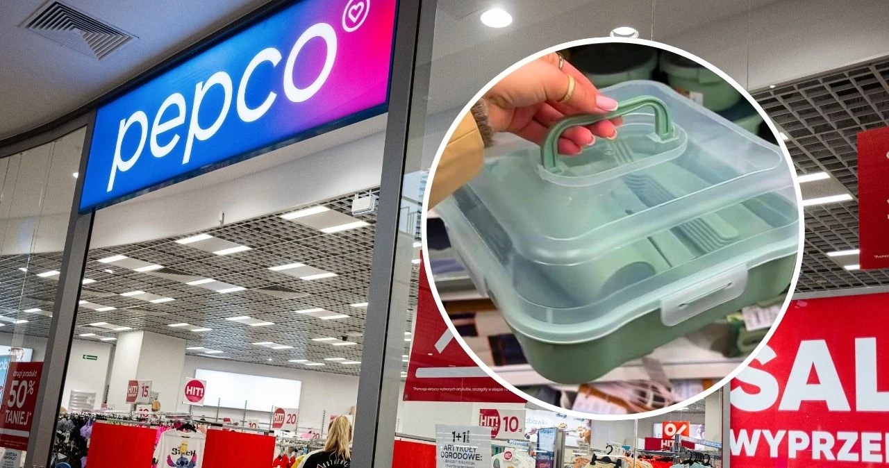 Co zabrać na piknik? Ten zestaw z Pepco robi furorę przed majówką Wejście do sklepu Pepco z widocznym logo i ręka trzymająca zielony pojemnik piknikowy z uchwytem.