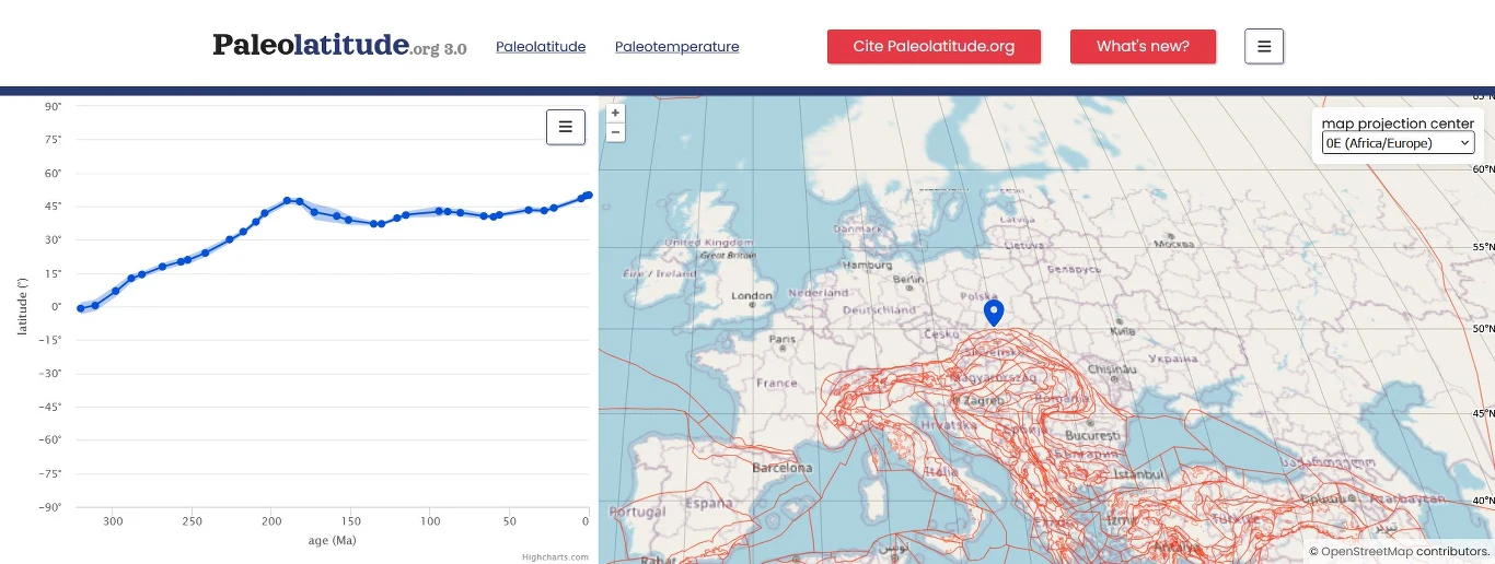 Nowa wersja Paleolatitude pozwala sprawdzić, gdzie znajdował się twój dom na przestrzeni milionów lat Interaktywny wykres pokazujący zmiany szerokości geograficznej w czasie po lewej stronie oraz mapa Europy z zaznaczonym punktem orientacyjnym po prawej stronie, ilustrująca historyczne położenie geograficzne wybranego miejsca.