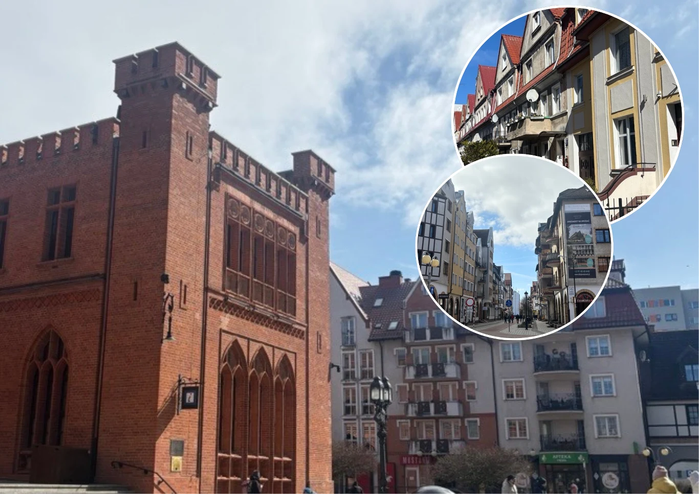 Kołobrzeg ma historyczny szlak zabytków z czasów wojny, zachowanych w bardzo dobrym stanie Ceglany, gotycki budynek z wieżyczkami stanowi główny akcent, otoczony przez kamienice o jasnych elewacjach oraz nowoczesne budynki, a dwa okrągłe wstawki ukazują szczegóły architektury miejskiej i ulicę z kolorowymi fasadami i balkonami.