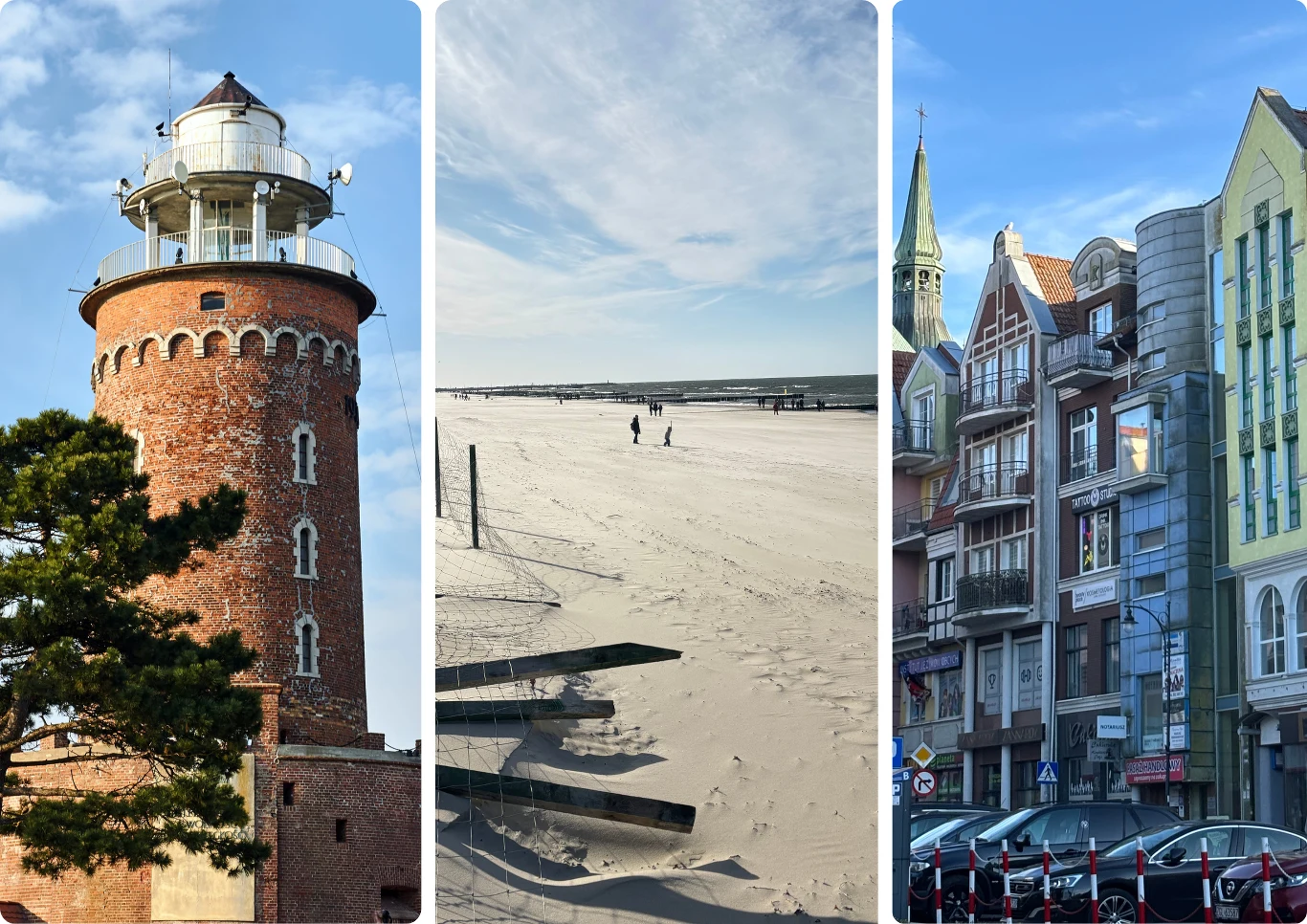 Kołobrzeska latarnia morska jest jedną z najbardziej rozpoznawalnych w Polsce czerwona latarnia morska z białą kopułą, szeroka plaża z jasnym piaskiem i kilkoma spacerowiczami, kolorowe kamienice z secesyjnymi detalami i strzelistym kościołem w tle