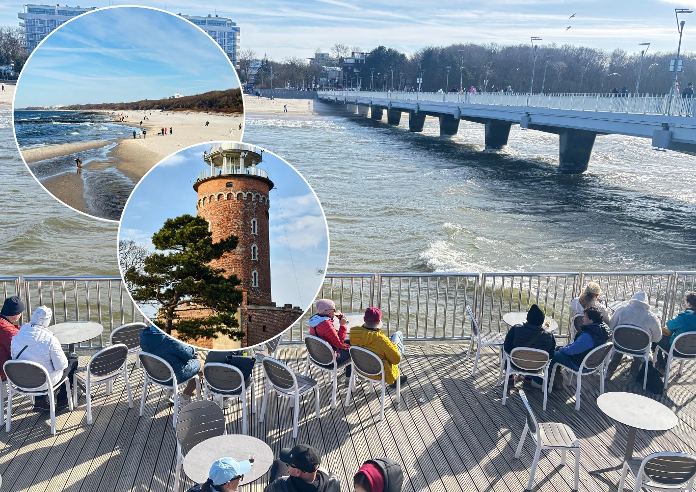Są miejsca, które trzeba zobaczyć poza sezonem, żeby naprawdę je zrozumieć Grupa osób na tarasie z widokiem na morze i promenadę, w tle molo, plaża i ceglana latarnia morska.