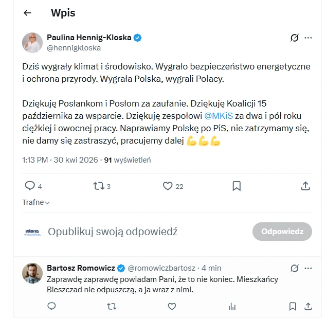 Zrzut ekranu wpisu na platformie społecznościowej X, w którym Paulina Hennig-Kloska dziękuje za wsparcie i zaufanie, podkreślając zwycięstwo dla klimatu, środowiska oraz bezpieczeństwa energetycznego i ochrony przyrody, a poniżej znajduje się odpowiedź...
