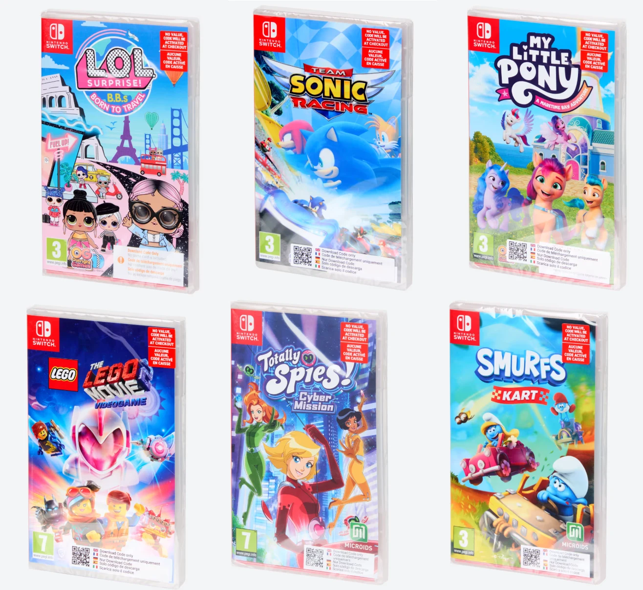 Sześć kolorowych pudełek gier na Nintendo Switch ustawionych w dwóch rzędach, z wyraźnie widocznymi okładkami tytułów: LOL Surprise! B.B.s Born To Travel, Team Sonic Racing, My Little Pony, LEGO The Incredibles, Totally Spies! Cyber Mission oraz Smurfs...
