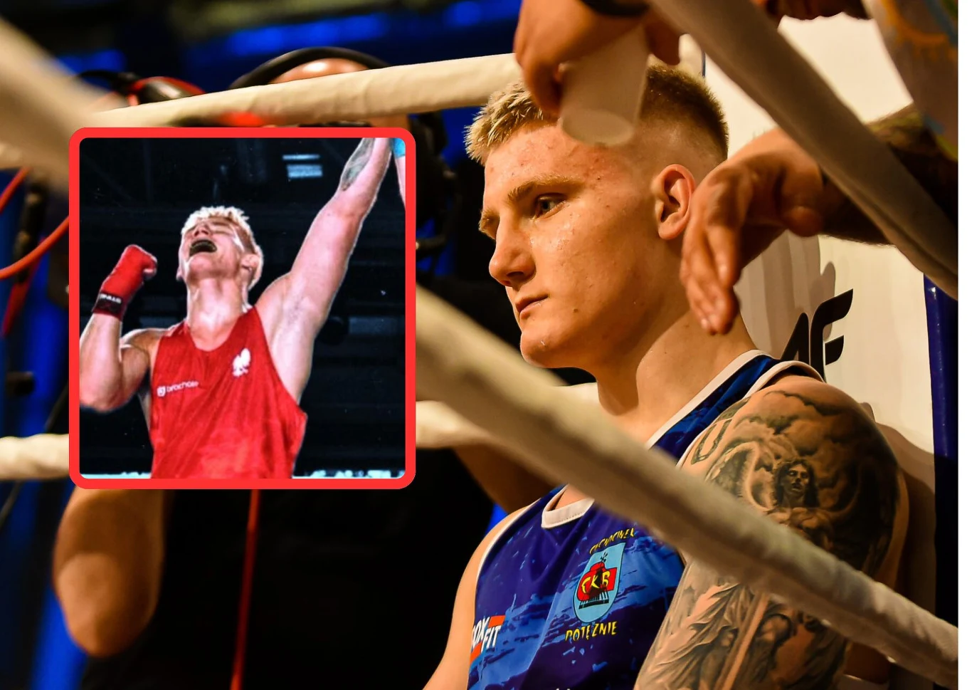 Fabian Urbański już pokazuje unikatowe umiejętności. Czy w Los Angeles wywalczy dla Polski medal olimpijski? Fabian Urbański siedzi w narożniku ringu, wokół trenerzy; w rogu zdjęcie w czerwonym stroju z uniesionymi rękami.