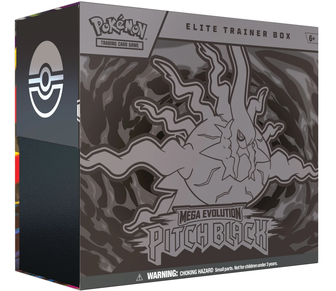 Pokémon Trading Card Game: Mega Evolution – Pitch Black Pokémon TCG Mega Evolution – Pitch Black, czarno-szare pudełko Elite Trainer Box z grafiką Mega Pokémona i napisami.