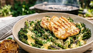 Grillowane dzikie brokuły z serem halloumi – w sosie holenderskim