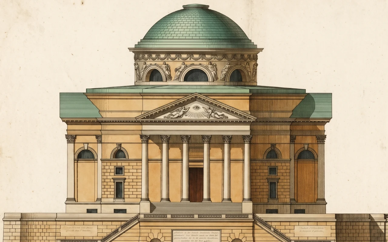 Koloryzowany projekt klasycystyczny budynku z imponującą kopułą na dachu.