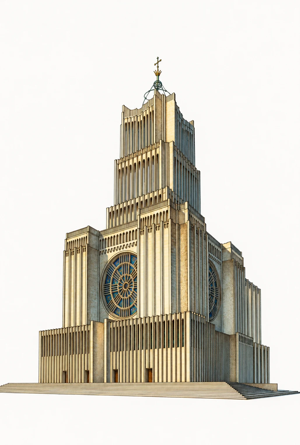 Koloryzowany projekt budowli sakralna o geometrycznej, symetrycznej formie, z wyraźnie zarysowanymi pionowymi żebrami i dużą rozetą w centralnej części.