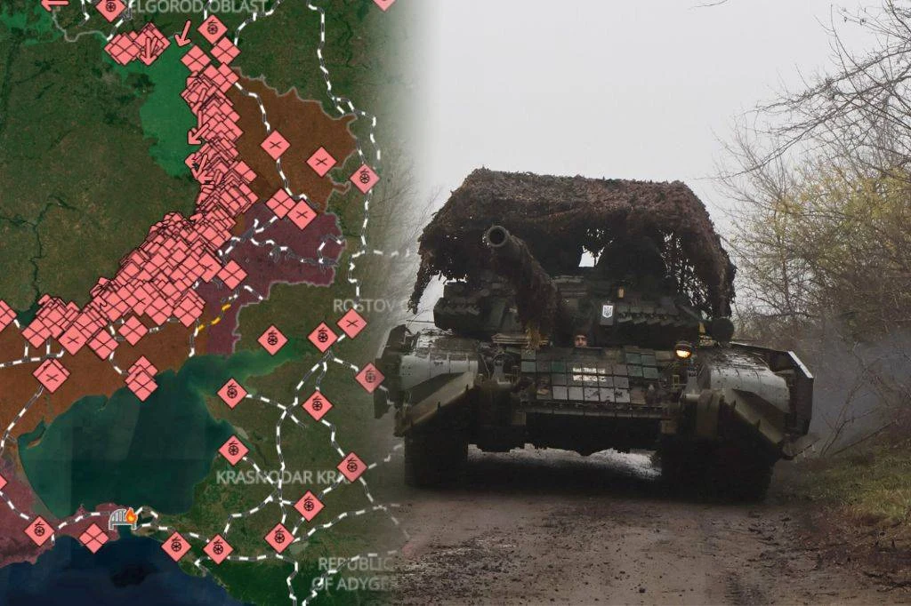 Wojna na Ukrainie. Ukraiński generał wskazuje plany Rosji Ukraiński czołg. Obok mapa przedstawiająca linię frontu wojny w Ukrainie.