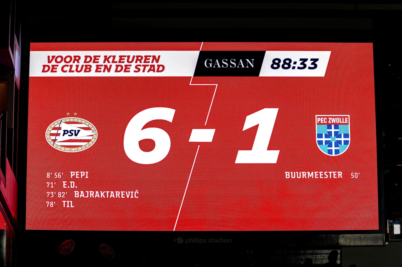 elektroniczna tablica wyników z meczu piłki nożnej, na której PSV prowadzi 6:1 z PEC Zwolle, widoczne minuty zdobycia bramek oraz nazwiska strzelców