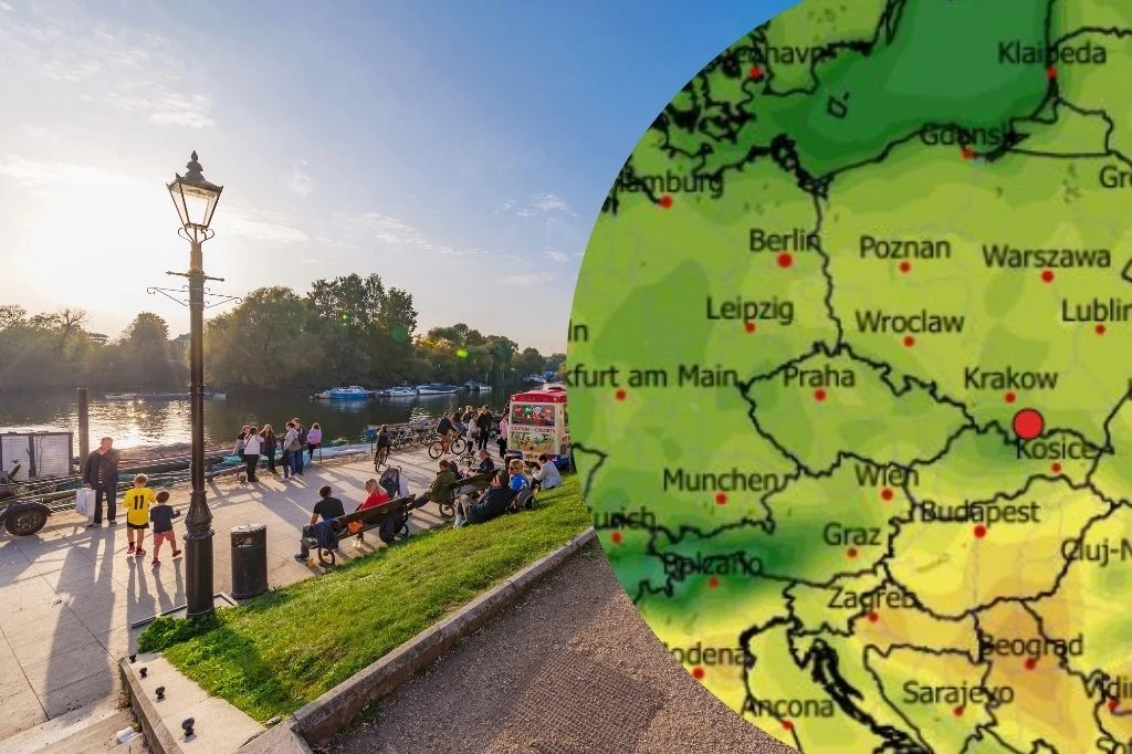 Pogoda na majówkę. Słońce, wysokie temperatury i brak deszczu Mapa pokazujące prognozę pogody. Obok ludzie nad rzeką.
