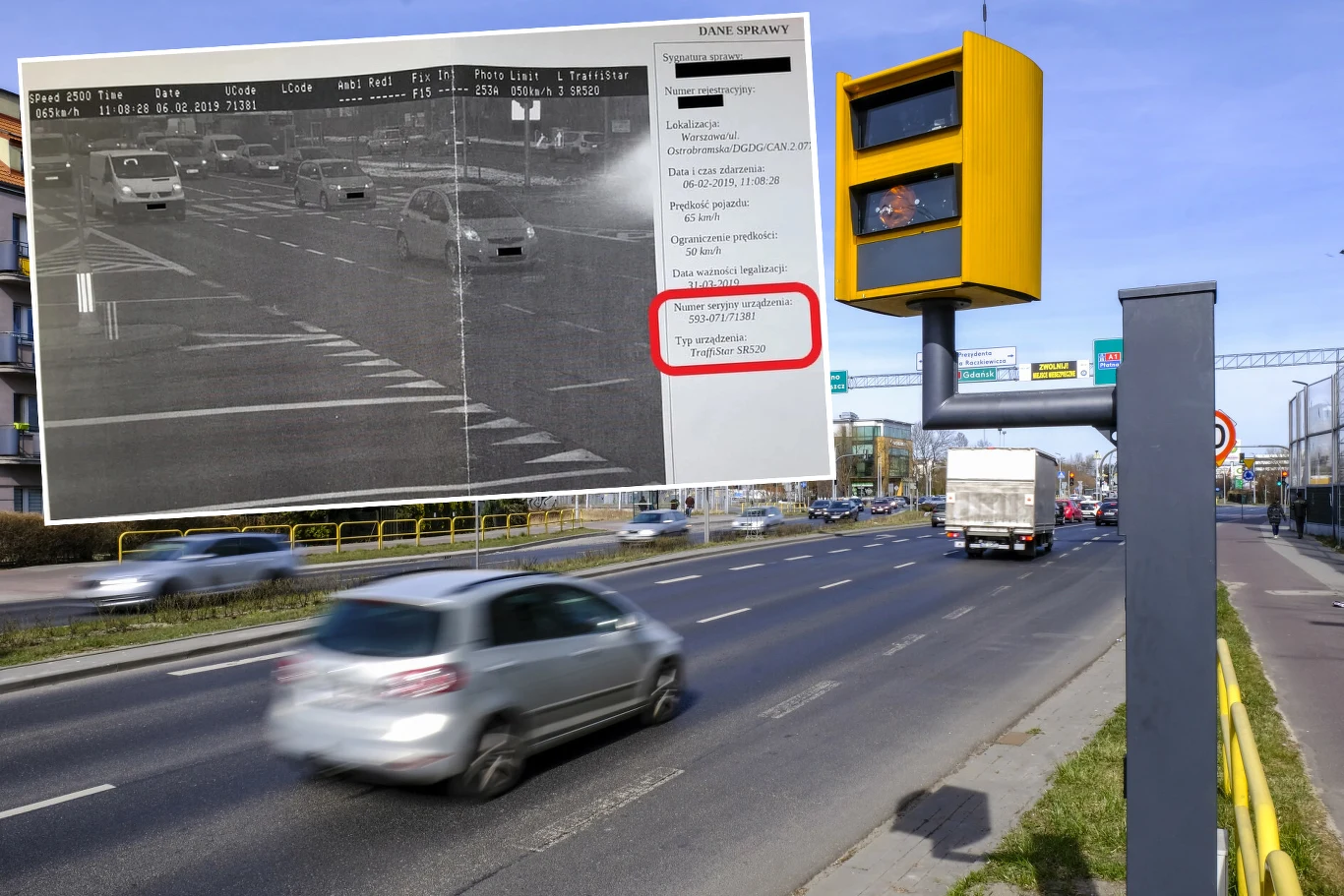 W rogu zdjęcia z fotoradaru znajdziemy informacje na temat modelu urządzenia, które zarejestrowało nasze wykroczenie Ruchliwa ulica z fotoradarem, rozmazany samochód; w rogu zdjęcie z urządzenia i dane wykroczenia.