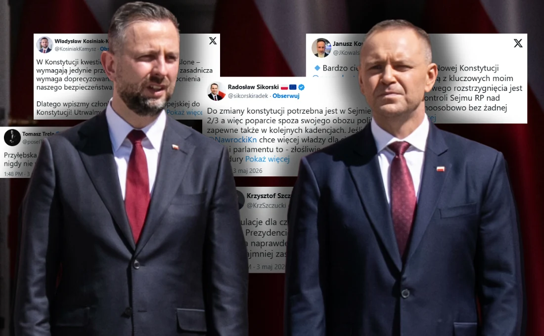 Politycy o powołaniu przez Karola Nawrockiego Rady ds. nowej konstytucji, głos zabrał m.in. Władysław Kosiniak-Kamysz Władysław Kosiniak-Kamysz i Karol Nawrocki; w tle komentarze dotyczące utworzenia Rady ds. nowej konstytucji