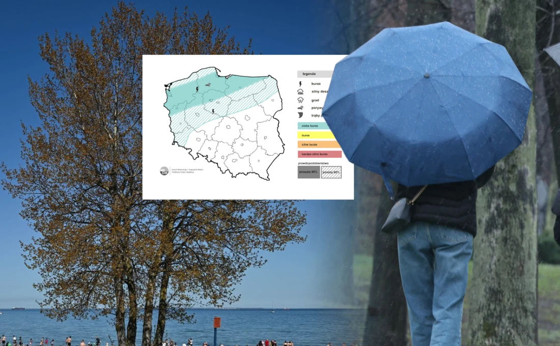 Zmiana po słonecznej majówce. Możliwy deszcz i przelotne burze Drzewo w słońcu, mapa burz i kobieta z parasolką