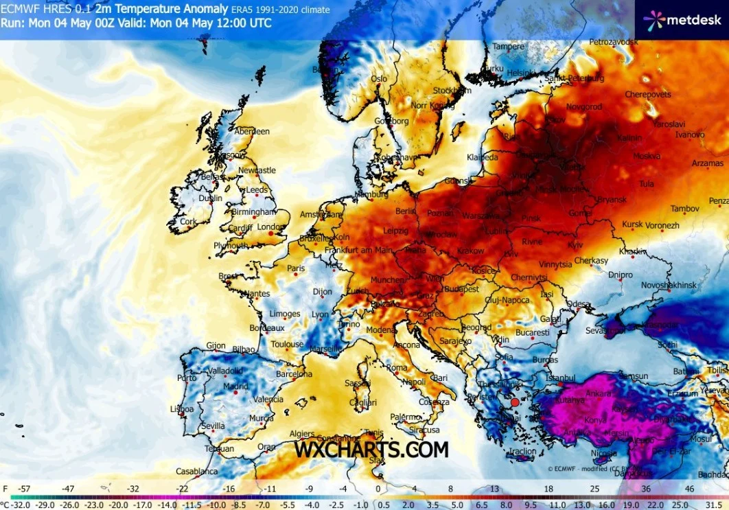 W poniedziałek w całej Polsce będzie bardzo ciepło, miejscami do 28 st. C Mapa Europy z oznaczeniem anomalii temperatury powietrza, gdzie centralna i wschodnia część kontynentu, zwłaszcza Polska, Niemcy i Rosja, wyróżniają się intensywnymi czerwonymi barwami oznaczającymi znacznie wyższe temperatury niż średnia z lat 1991-20...