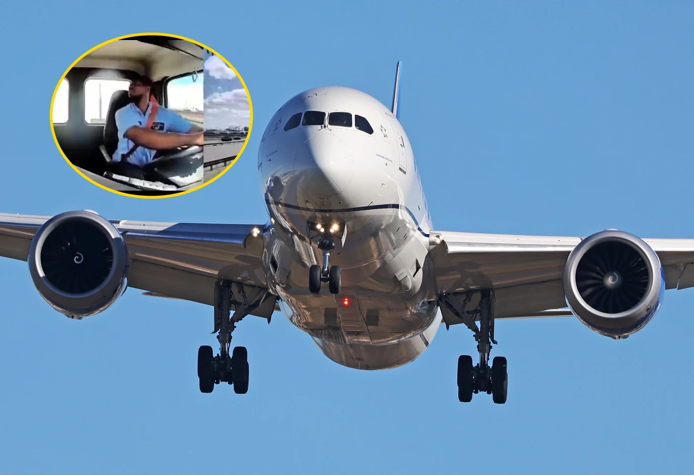 Lądujący Boeing, na pokładzie którego znajdowało się ponad 200 osób podczas lądowania uderzył w ciężarówkę Boeing 767 z wysuniętym podwoziem ląduje, widoczny pilot w kokpicie, w tle ciężarówka na drodze.
