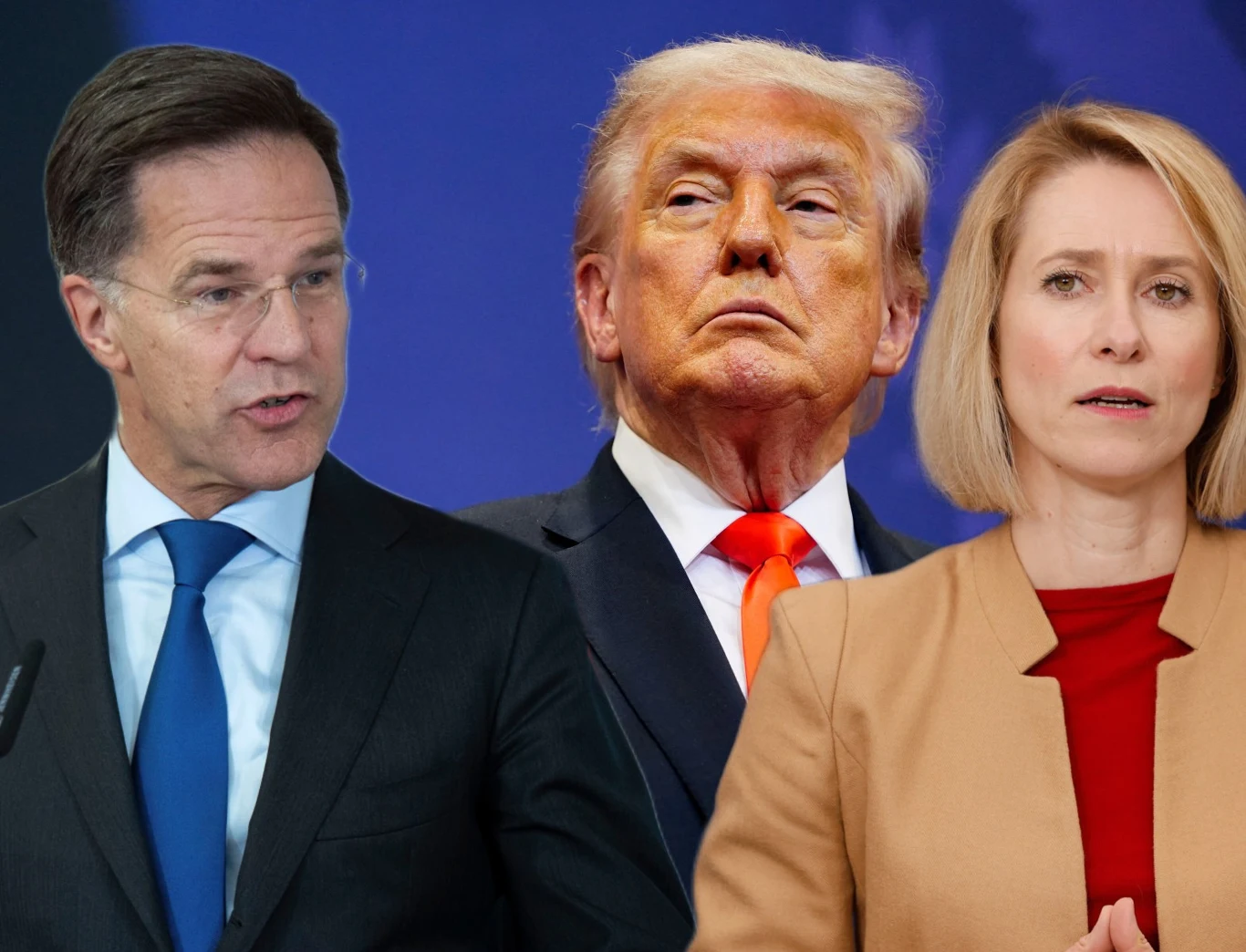 Europa reaguje na decyzję Trumpa Trzy osoby w formalnych ubraniach na neutralnym tle: dwóch mężczyzn i kobieta, nawiązanie do reakcji Europy na decyzję Trumpa