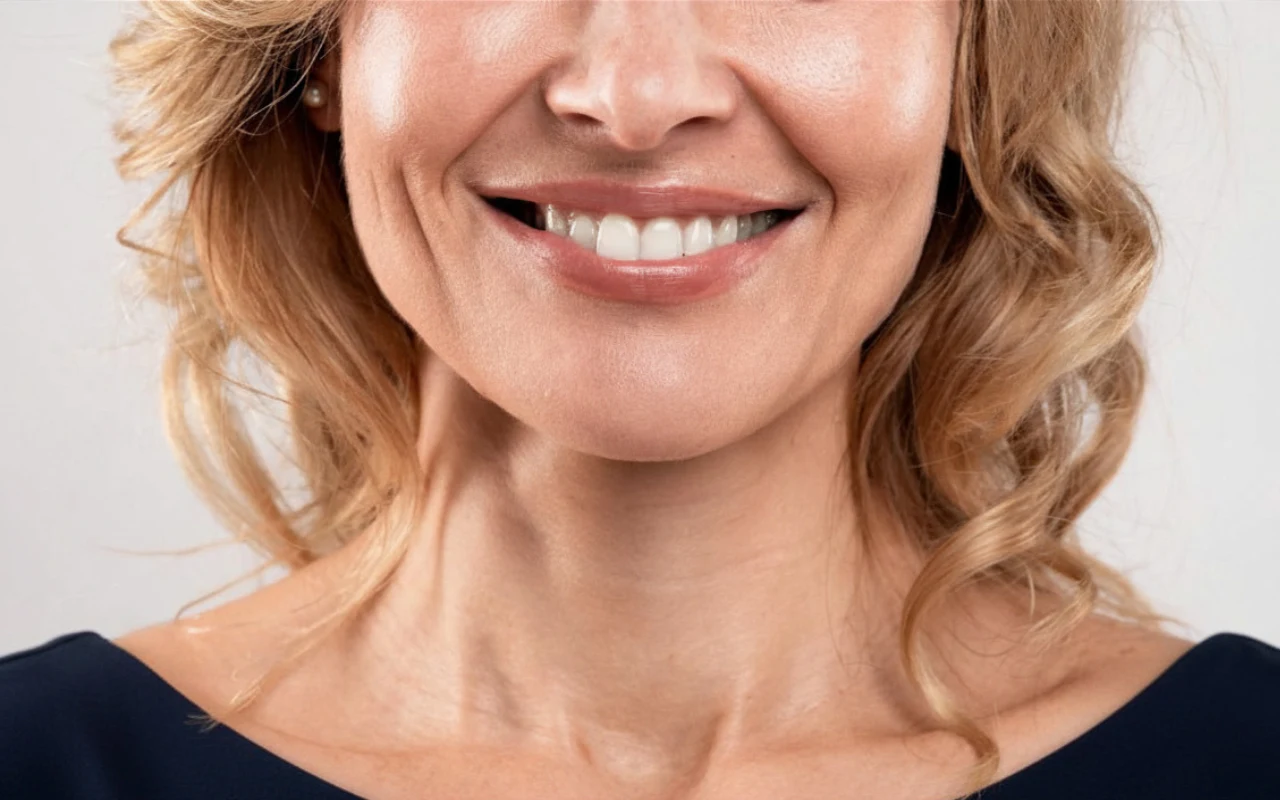 Uśmiechnięta kobieta o jasnej cerze z delikatnie falującymi blond włosami, ubrana w granatową bluzkę.