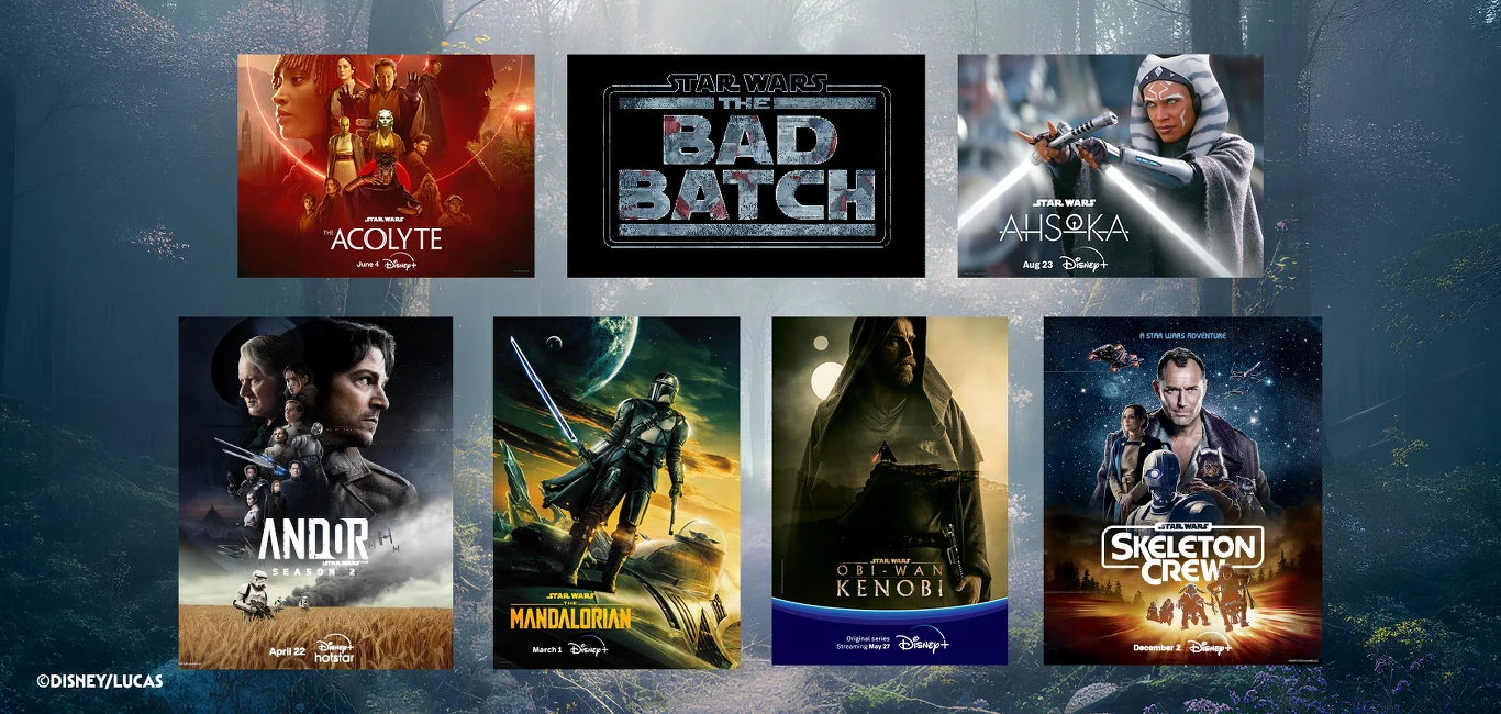 Światowa premiera suity z uniwersum "Gwiezdnych wojen" podczas FMF Plakaty promujące siedem seriali "Star Wars" z tytułami i głównymi bohaterami na ciemnym tle.