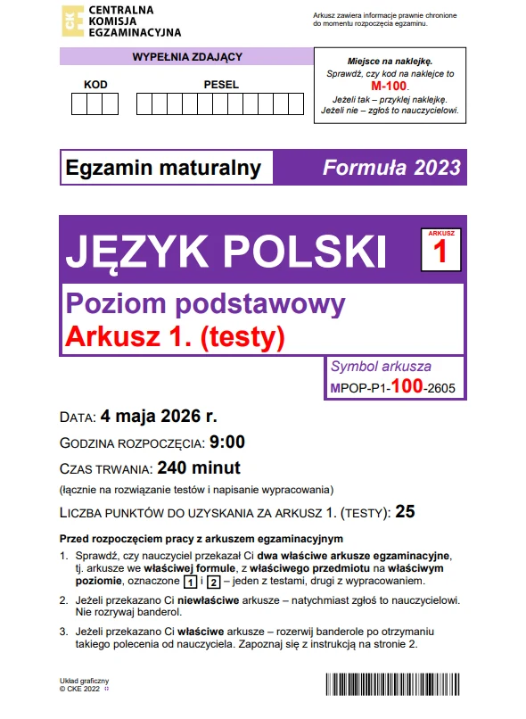 Matura 2026. Język polski, poziom podstawowy. Arkusz CKE - strona 1 Matura 2026. Język polski, poziom podstawowy. Arkusz CKE - strona 1