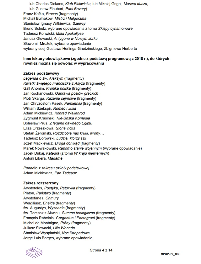 Lista lektur obowiązkowych podzielona na zakres podstawowy i rozszerzony, obejmująca nazwiska autorów oraz tytuły dzieł, zarówno w formie fragmentów, jak i pełnych utworów, zgodna z wymaganiami programowymi od 2018 roku.