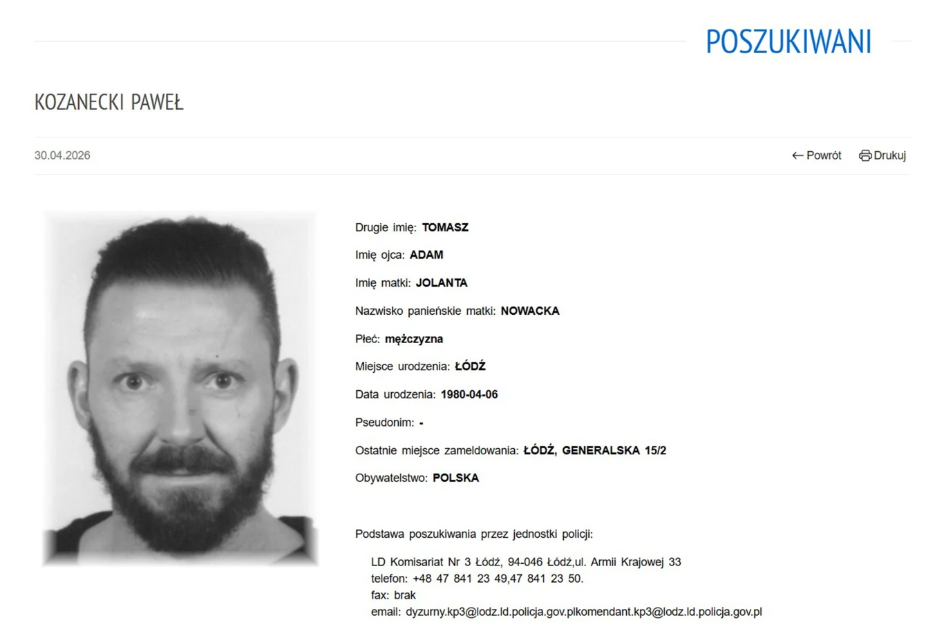 Policja w Łodzi opublikowała informację o poszukiwaniach Pawła Kozaneckiego
