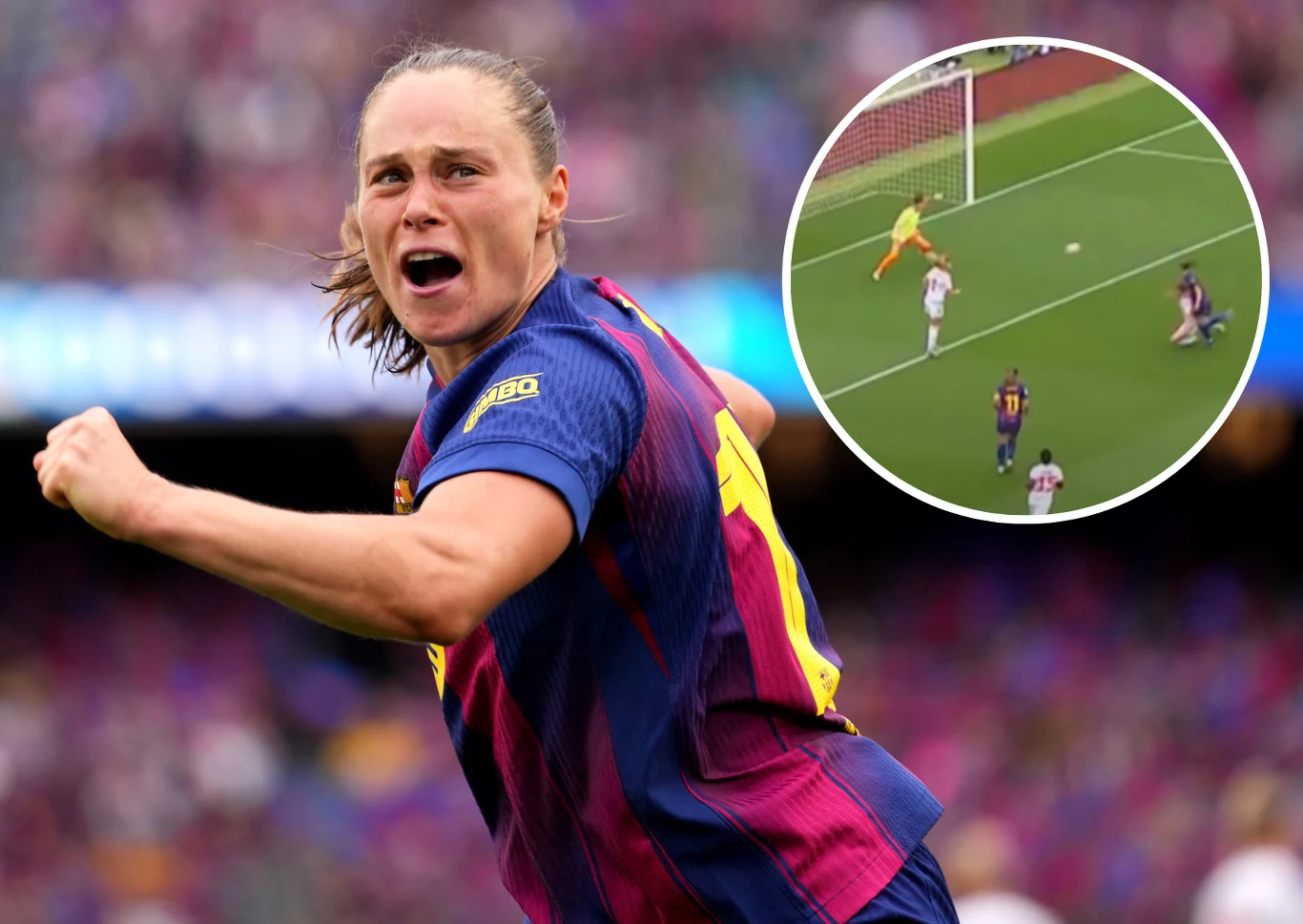 Ewa Pajor Ewa Pajor w koszulce FC Barcelony po zdobytym golu, z widocznymi trybunami i kadrem ze strzałem na bramkę