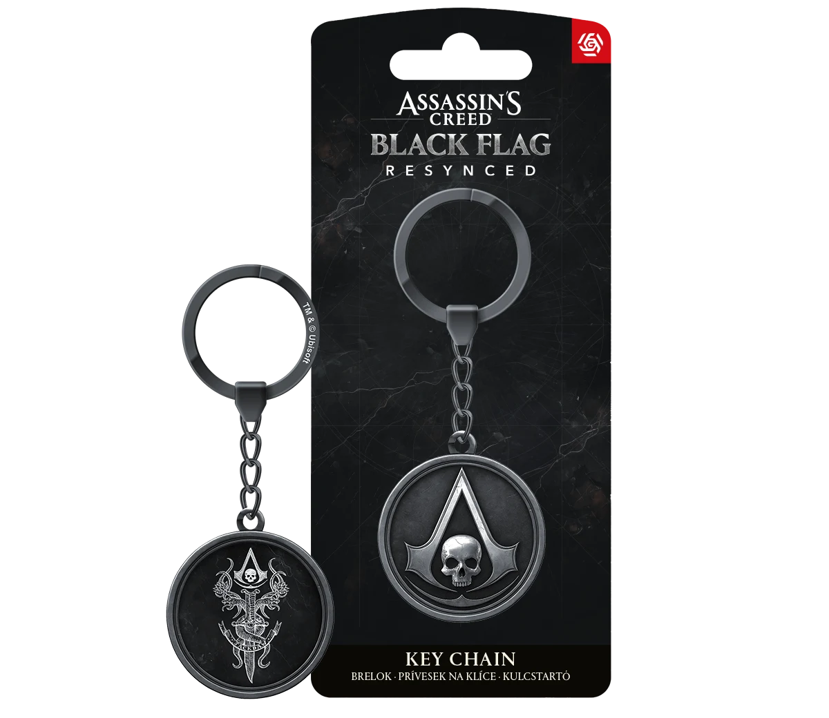 Metalowy brelok do kluczy z emblematem Assassin's Creed oraz czaszką na czarnym tle, umieszczony na oryginalnym kartonowym opakowaniu z napisem 'Assassin's Creed Black Flag Resynced'.