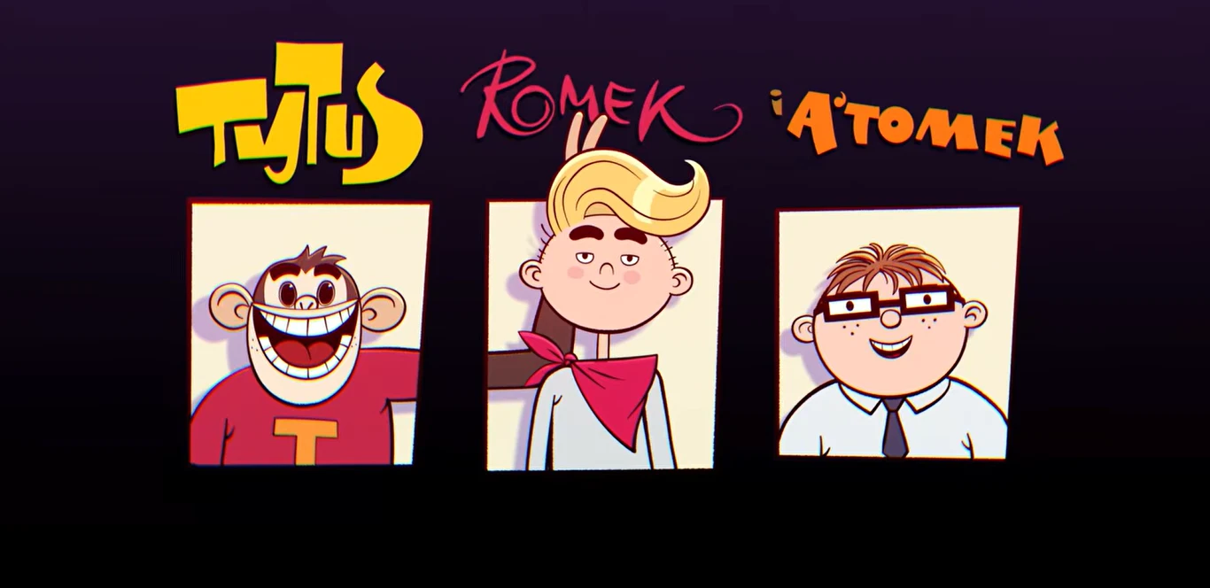 Kadr z teasera filmu "Tytus, Romek i A’Tomek" Trzy komiksowe portrety: uśmiechnięta małpa, chłopak z blond grzywką oraz chłopiec w okularach. Powyżej widoczne imiona