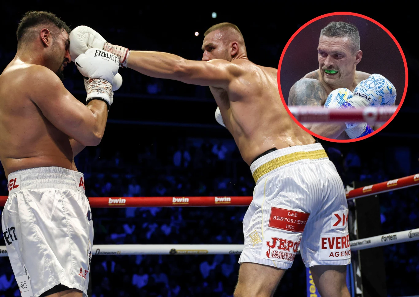 Agit Kabayel, Damian Knyba i Ołeksandr Usyk Agit Kabayel walczy z Damianem Knybą na ringu, Usyk widoczny w rogu zdjęcia w zielonej szczęce.