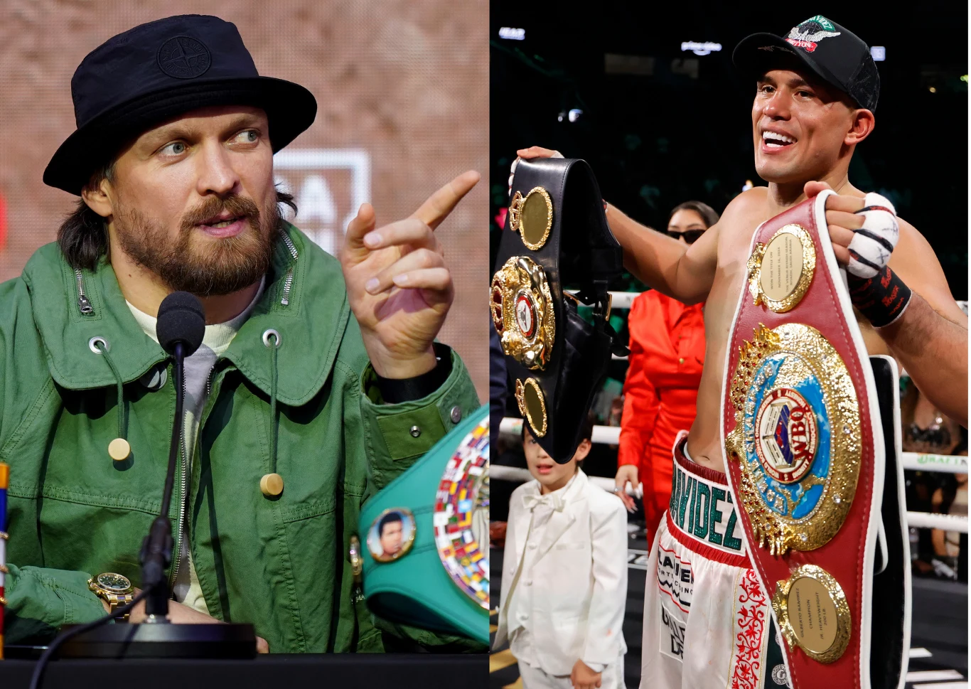 Ołeksandr Usyk i David Benavidez Ołeksandr Usyk przy mikrofonie z pasem, obok David Benavidez z pasami mistrzowskimi po walce na ringu.