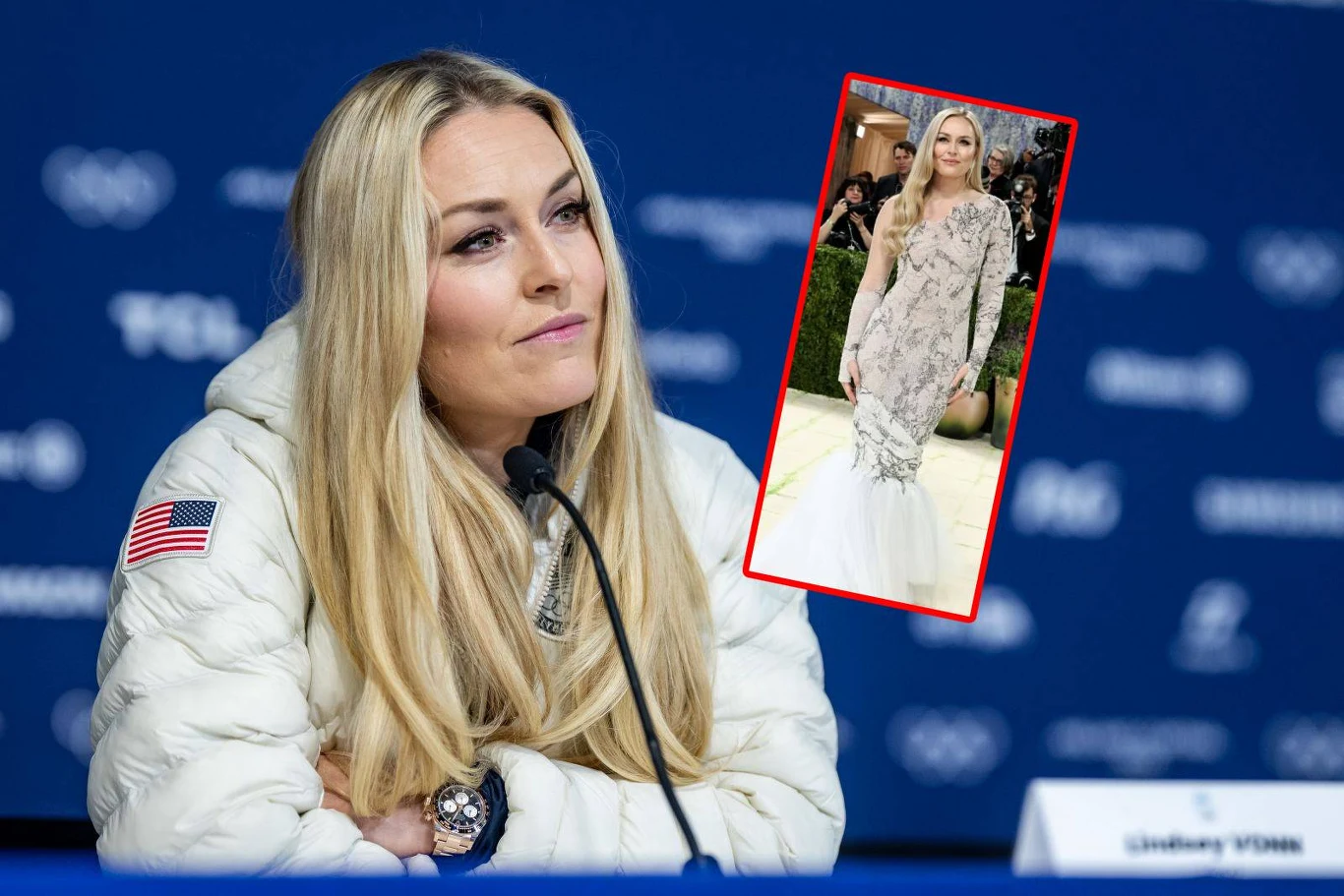 Lindsey Vonn, w miniaturze Amerykanka podczas Met Gala Lindsey Vonn przy stole konferencyjnym w jasnej kurtce z flagą USA na rękawie, obok zdjęcie w eleganckiej sukni.
