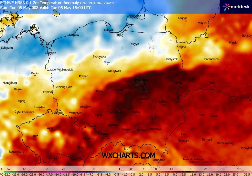 Wystąpi wyraźna różnica między chłodniejszą północą i cieplejszym południem, może sięgnąć nawet 18 stopni Mapa Polski z wyraźnym podziałem na strefy anomaliów temperatury, gdzie północno-zachodnia część kraju prezentuje niższe anomalie (chłodniejsze barwy), natomiast większość centralnej, południowej i wschodniej Polski pokryta jest intensywnie czerwonymi ...