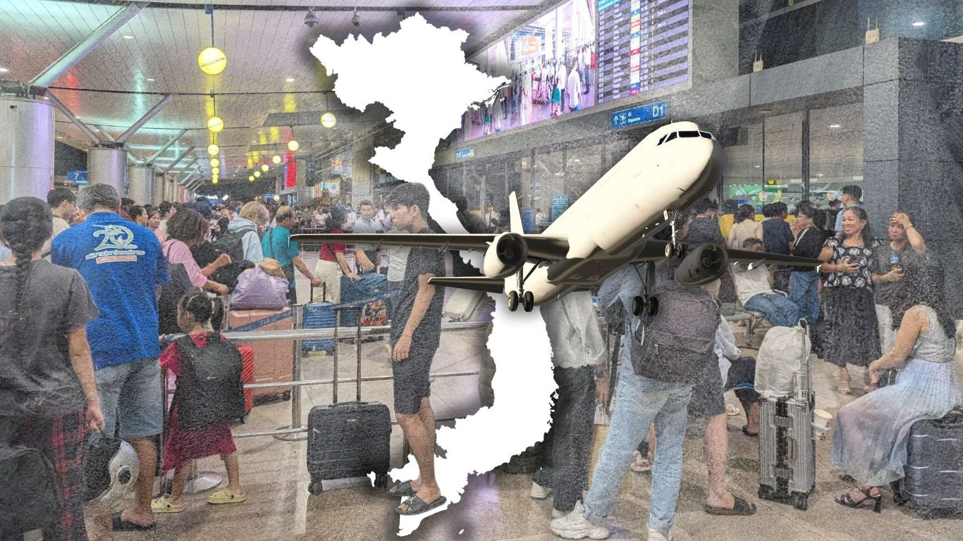 Wietnam. Nowy obowiązek dla turystów na najbardziej obleganym lotnisku w kraju Tłum podróżnych z walizkami na lotnisku w Wietnamie, obok grafika samolotu i kontur mapy kraju