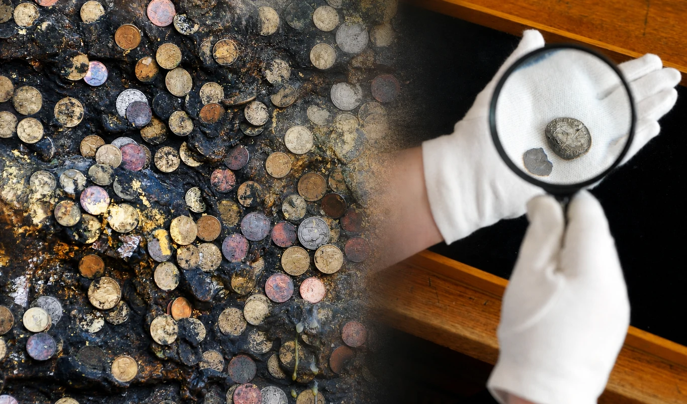Rzadkie pensy typu Agnus Dei z XI wieku zostały odkryte podczas prac archeologicznych prowadzonych na Półwyspie Jutlandzkim. Zbiór starych monet rozrzuconych na ziemi, obok specjalista w rękawiczkach pokazuje pensa typu Agnus Dei pod lupą.