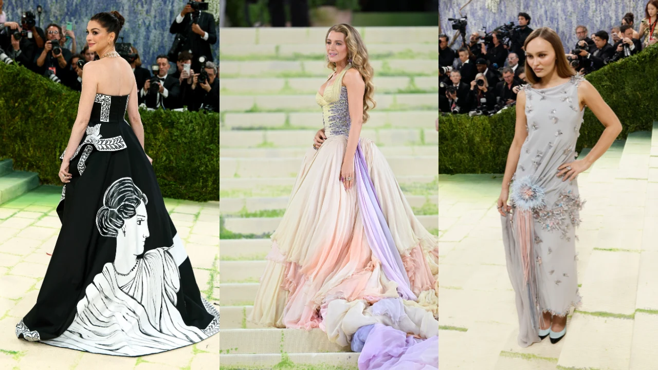 Anne Hathaway (fot. Dimitrios Kambouris/Getty Images for The Met Museum/Vogue), Blake Lively (fot. James Devaney/GC Images), Lily-Rose Depp (fot. Taylor Hill/Getty Images))