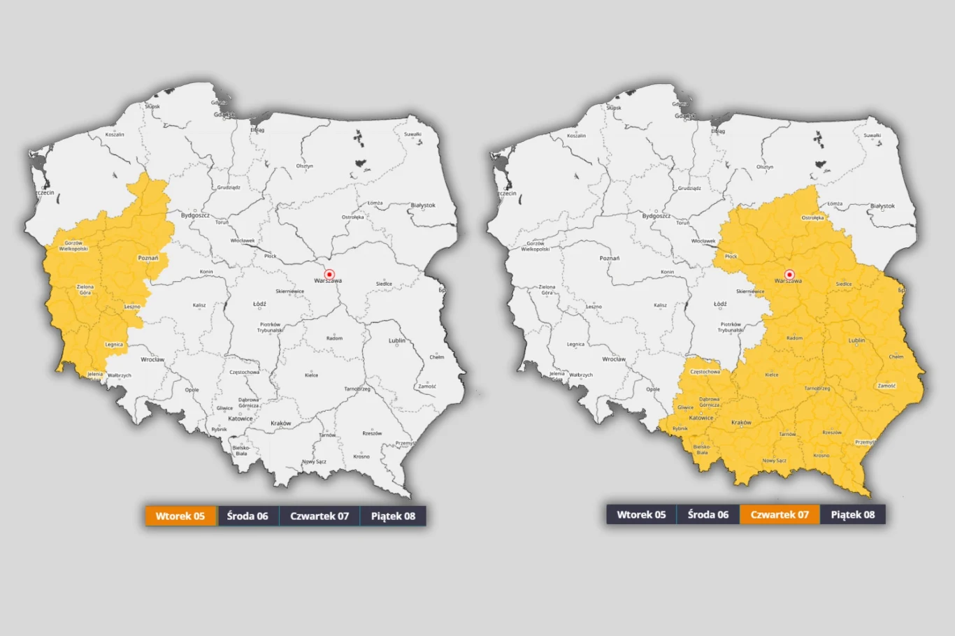 Dwie mapy Polski z zaznaczonymi na żółto różnymi regionami kraju; na lewej mapie wyróżniona zachodnia część, a na prawej rozległy obszar południowo-wschodniej i centralnej Polski, u dołu podpisane daty odpowiadające wybranym dniom tygodnia.