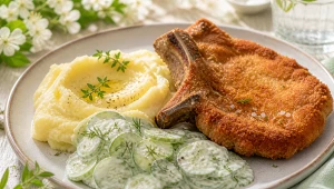 Schabowy z kością, puree ziemniaczanym i mizerią