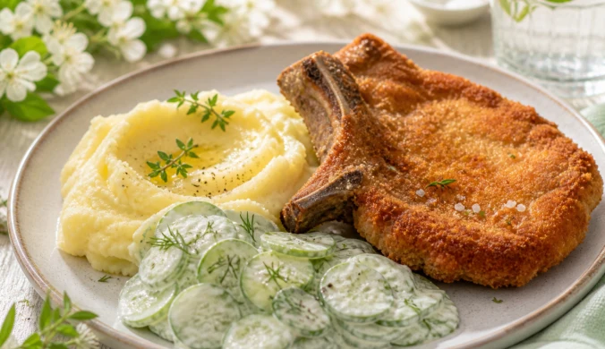 Schabowy z kością, puree ziemniaczanym i mizerią