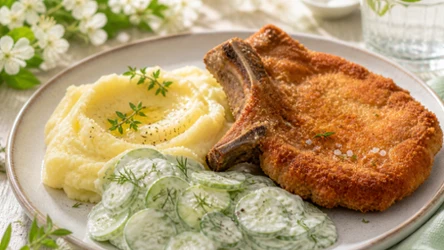 Schabowy z kością, puree ziemniaczanym i mizerią