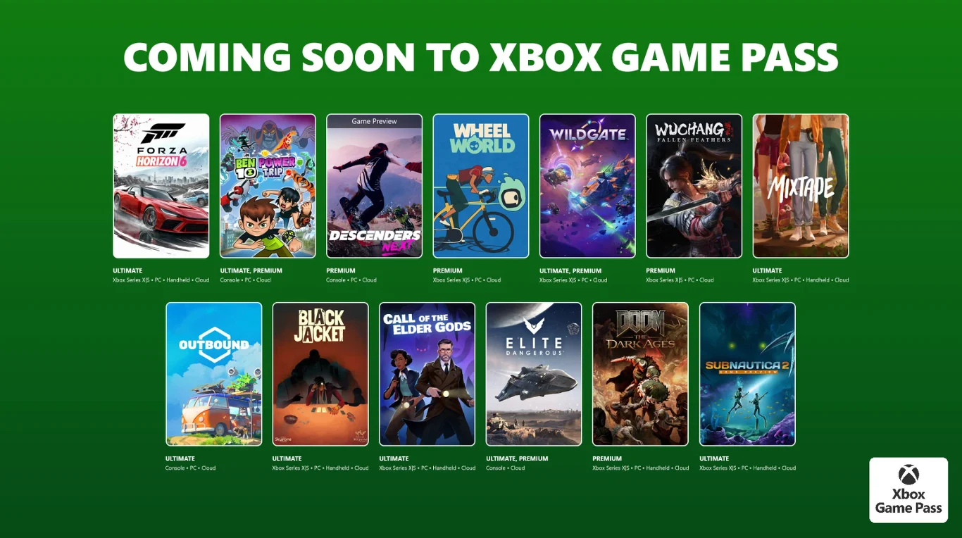Xbox Game Pass w maju 2026 r. Kolorowa grafika prezentująca zapowiedź nowych gier, które pojawią się w katalogu Xbox Game Pass, z okładkami tytułów takich jak Forza Motorsport, Manor Lords, Descenders, Wheel of Time, Wuchang: Fallen Feathers, Mixtape oraz kilku innych, na zielonym ...