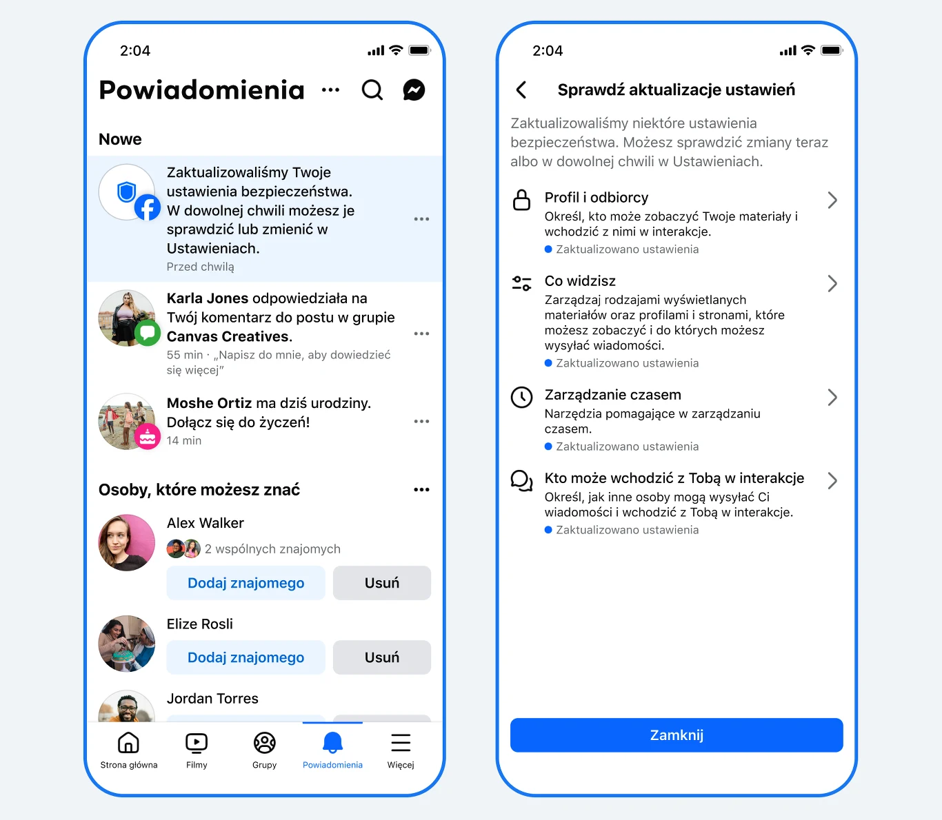 Przykład powiadomienia z Facebooka, które Meta zacznie wysyłać do rodziców dzieci w serwisie. Widok listy powiadomień Facebooka na smartfonie z informacjami o bezpieczeństwie, propozycjami znajomych oraz szczegółami dotyczącymi aktualizacji ustawień bezpieczeństwa i zarządzania kontem w osobnym panelu.