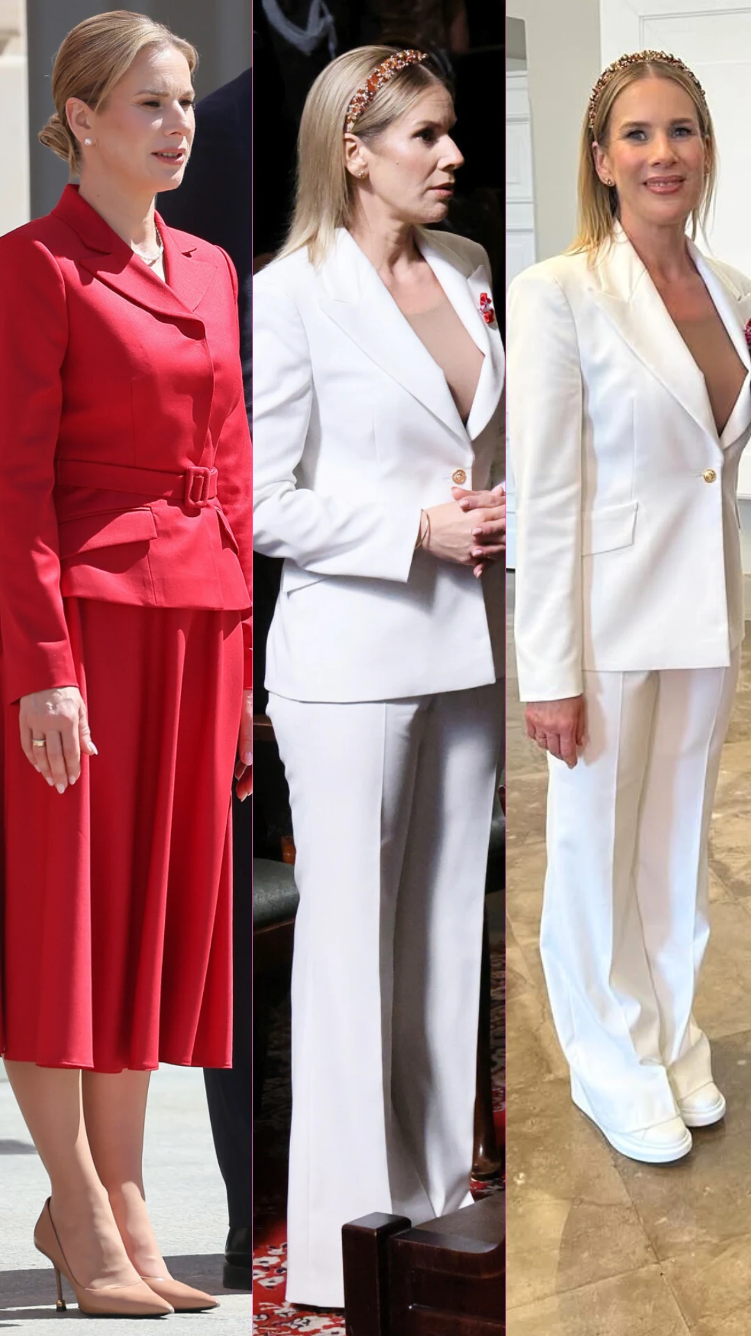 Trzy kobiety w eleganckich stylizacjach: pierwsza w czerwonym garniturze ze spódnicą oraz beżowych butach na obcasie, dwie kolejne w białych garniturach z szerokimi spodniami – jedna z nich w eleganckich sandałach, druga w sportowych białych butach; ka...