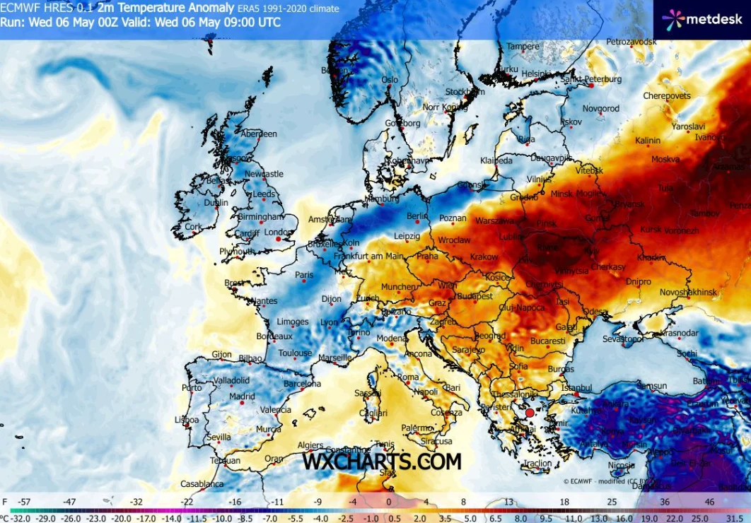 Mapa Europy z zaznaczonymi anomaliami temperatury powietrza na 6 maja; widoczne wyraźne ochłodzenie w Europie Zachodniej i Środkowej oraz silne ocieplenie w Europie Wschodniej i części Bałkanów, z wyraźnymi kontrastami barwnymi pokazującymi różnice tem...
