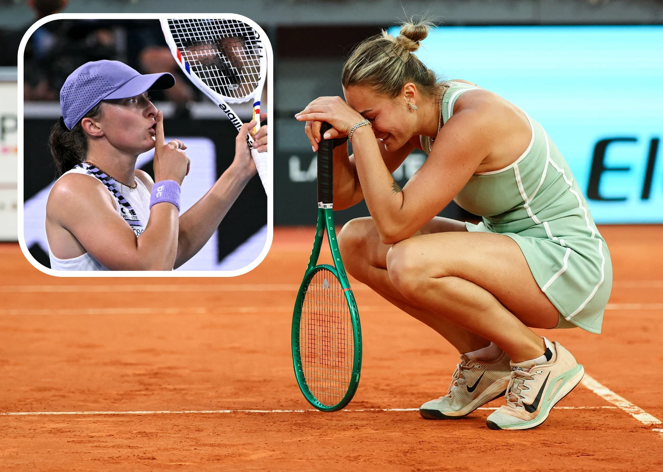 Na zdjęciu Iga Świątek podczas meczu z Anną Kalinską, a obok Aryna Sabalenka Iga Świątek w zielonej sukience klęczy na korcie; w rogu zdjęcia Aryna Sabalenka całuje rakietę.
