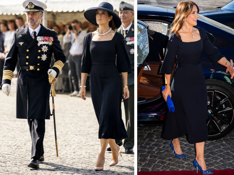 Królowa Maria w tej samej sukience w 2024 i 2025 roku Elegancko ubrana kobieta w granatowej, dopasowanej sukience midi z kwadratowym dekoltem i rękawami 3/4, zestawiona raz z czarnym kapeluszem i beżowymi czółenkami podczas oficjalnej uroczystości z wojskowym, a raz z niebieskimi szpilkami i torebką przy ...