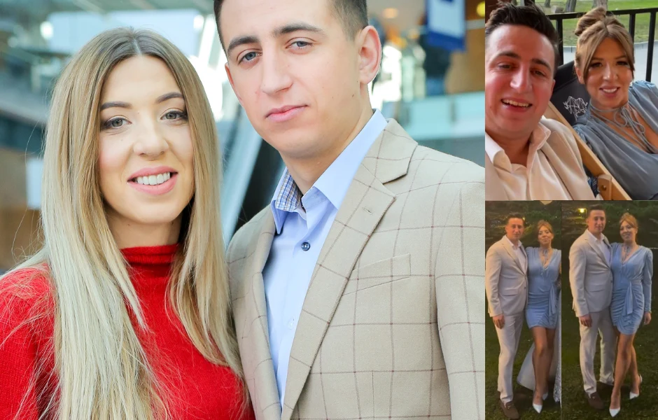 Młoda para w eleganckich stylizacjach, kobieta w czerwonej sukience i mężczyzna w beżowej marynarce, uśmiechają się do obiektywu; w bocznym kolażu wspólne zdjęcia w letnich ubraniach podczas towarzyskiego spotkania na zewnątrz.