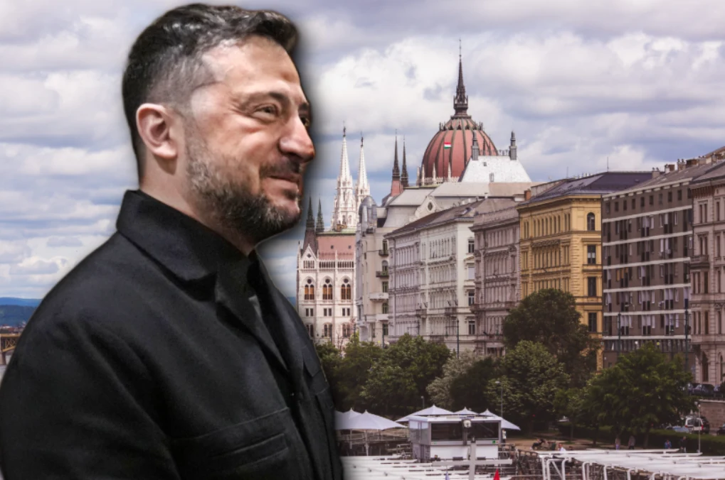 Wołodymyr Zełenski podziękował Węgrom. Sprawa zatrzymanych pieniędzy OszczadbankSA Wołodymyr Zełenski w ciemnym ubraniu na tle miejskiej panoramy z kopułą i historycznymi budynkami.